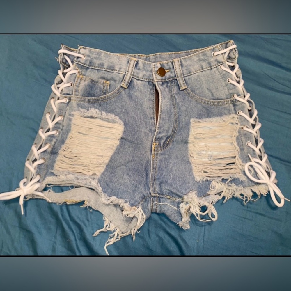 Light Wash Lace Up Side Shorts/Distressed-Size Small-Wide Range! Brand New!